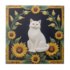 Sunflower Cats - White Cat & Yellow Sunflowers Fliese