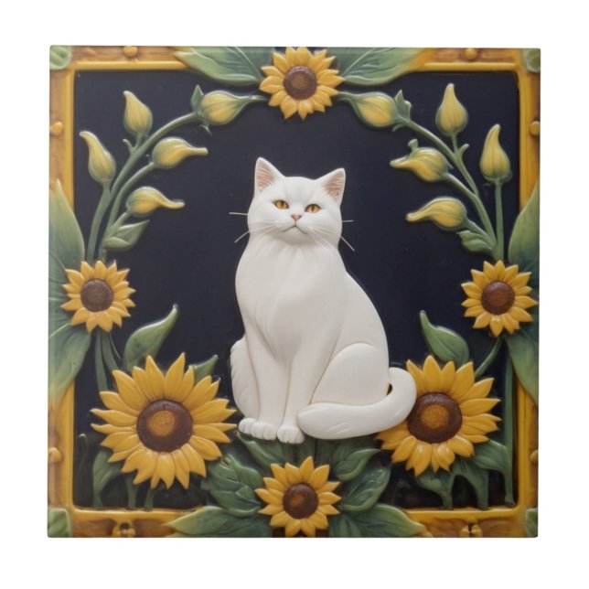 Sunflower Cats - White Cat & Yellow Sunflowers Fliese (Vorderseite)