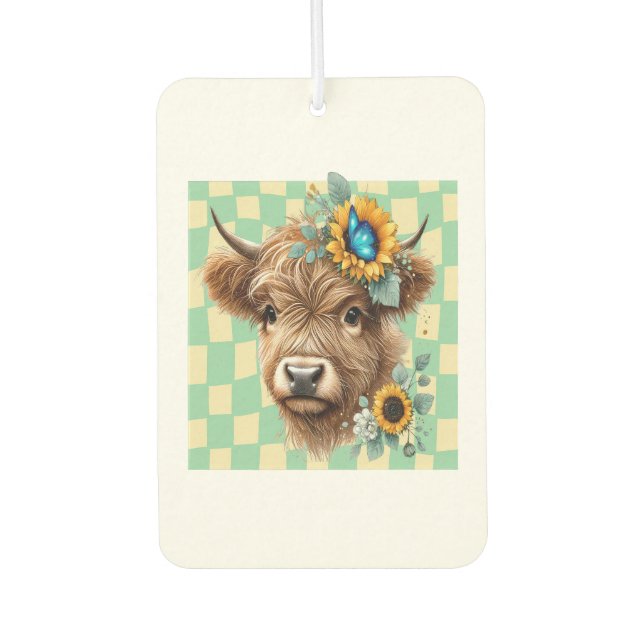 Sunflower Cow Png, Cute Highland Cow Autolufterfrischer (Vorderseite)