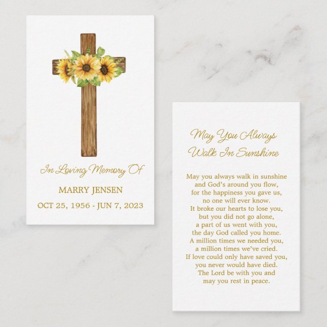 Sunflower Cross Memorial Funeral Prayer Card Visitenkarte (Vorne/Hinten)