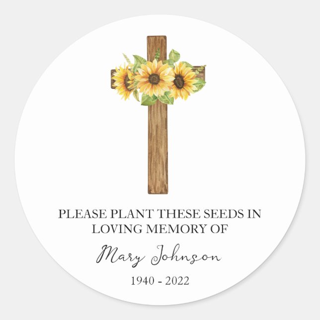 Sunflower Cross Memorial Funeral Seed Packet Runder Aufkleber (Vorderseite)