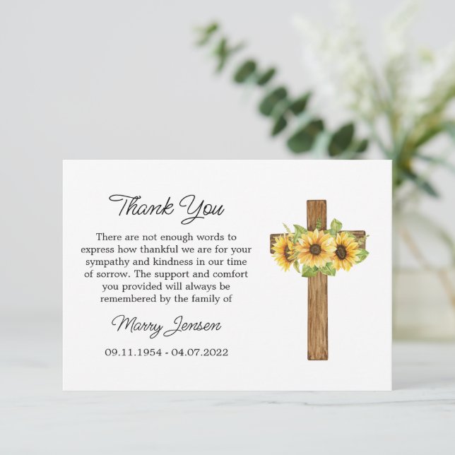 Sunflower Cross Sympathy Thank You Card Dankeskarte (Stehend Vorderseite)
