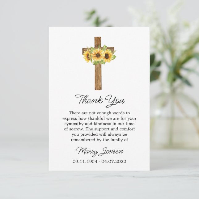 Sunflower Cross Sympathy Thank You Card Dankeskarte (Stehend Vorderseite)