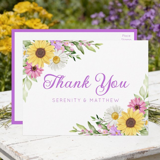 Sunflower Daisy Garden Floral Wedding Thank You Postkarte (Von Creator hochgeladen)