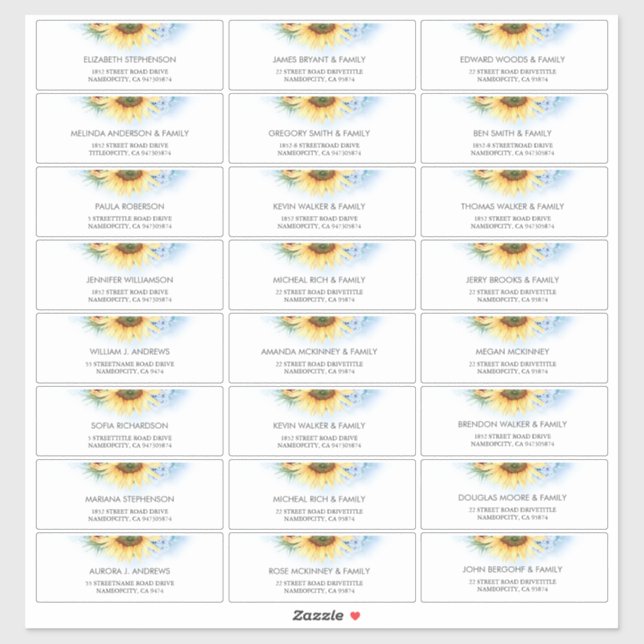 Sunflower Dusty Blue Guest Names Adressenmarken Aufkleber (Blatt)