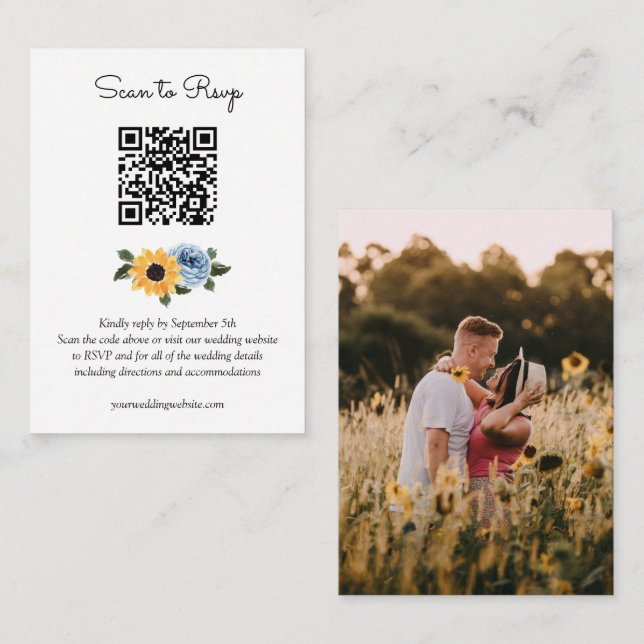 Sunflower Dusty Blue Rustic Wedding QR Code UAWG Begleitkarte (Vorne/Hinten)