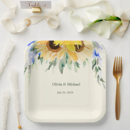 Sunflower Elegant Watercolor Wedding Paper Plates Pappteller