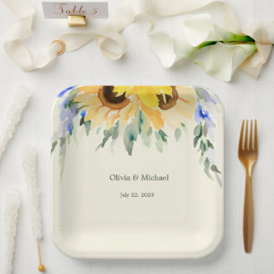 Sunflower Elegant Watercolor Wedding Paper Plates Pappteller
