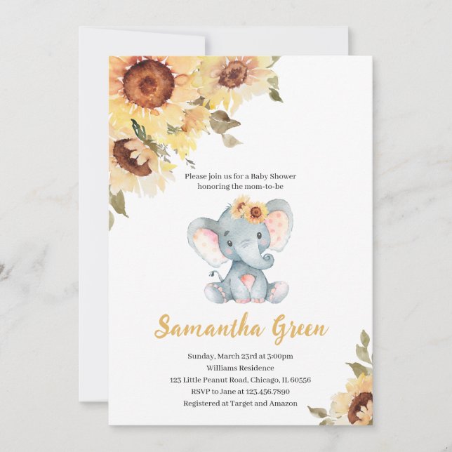 Sunflower Elephant Baby Shower Einladung (Vorderseite)