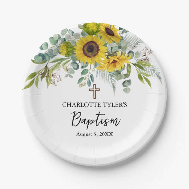 Sunflower & Eucalyptus Boho Cross Baptism Pappteller (Vorderseite)