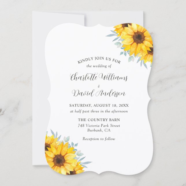 Sunflower Eucalyptus Elegant Monogram Wedding Einladung (Vorderseite)
