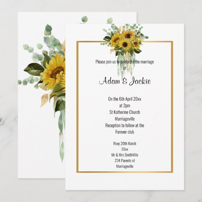 SUNFLOWER EUCALYPTUS GOLD TRIM ELEGANT WEDD EINLADUNG (Vorne/Hinten)