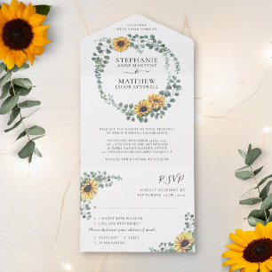 Sunflower Eucalyptus Leaves Modern Wedding All In One Einladung