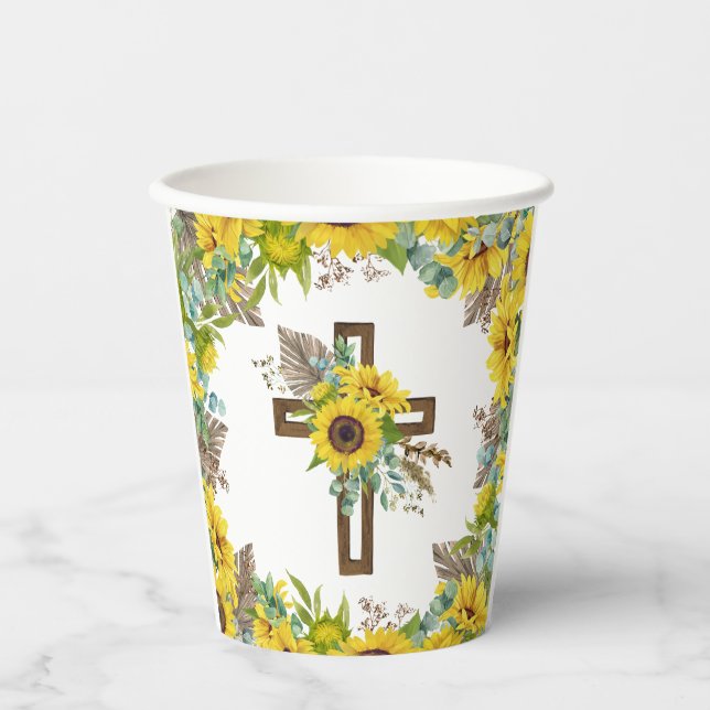 Sunflower Eucalyptus Palm Boho Cross Baptism Pappbecher (Vorderseite)