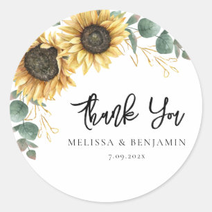 Sunflower Eucalyptus Wedding Script Vielen Dank Runder Aufkleber