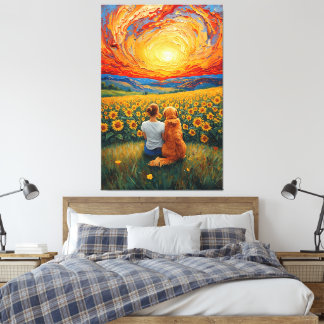 Sunflower Field Sunset Dog and Girl Art Leinwanddruck