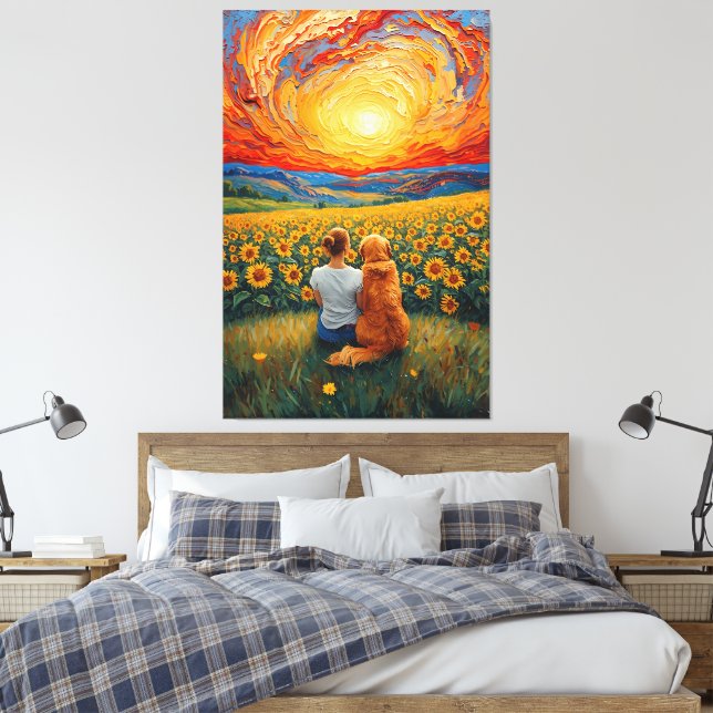 Sunflower Field Sunset Dog and Girl Art Leinwanddruck (Insitu (Schlafzimmer))