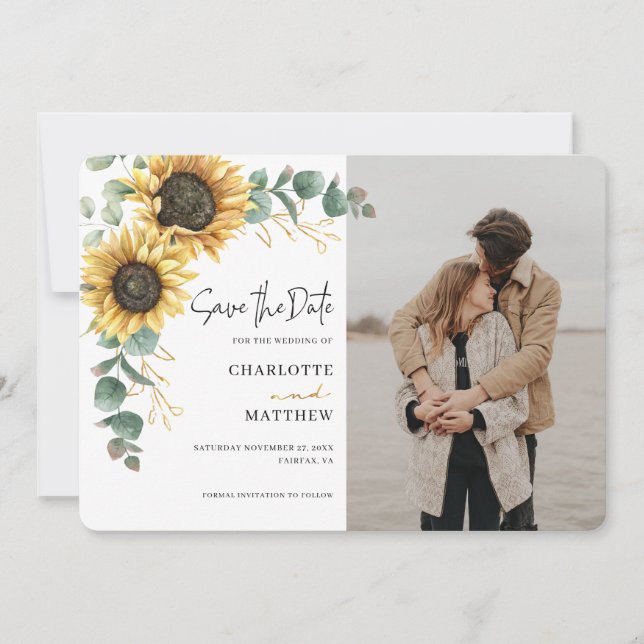Sunflower Floral Watercolor Photo Wedding Save The Date (Vorderseite)