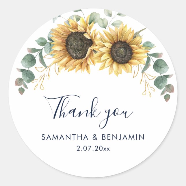 Sunflower Floral Wedding Thank You Favor Runder Aufkleber (Vorderseite)