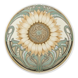 Sunflower Flower Green Cream Gold Art Deco Nouveau Keramikknauf
