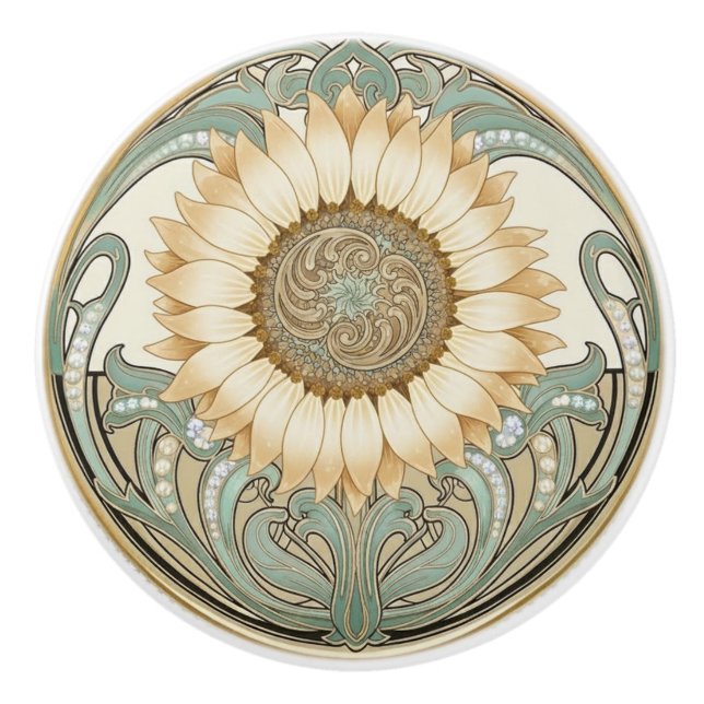 Sunflower Flower Green Cream Gold Art Deco Nouveau Keramikknauf (Vorderseite)