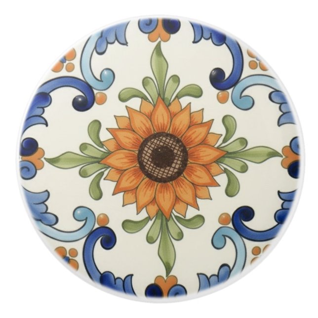 Sunflower Flower Mediterranean Blue Orange  Cream Keramikknauf (Vorderseite)