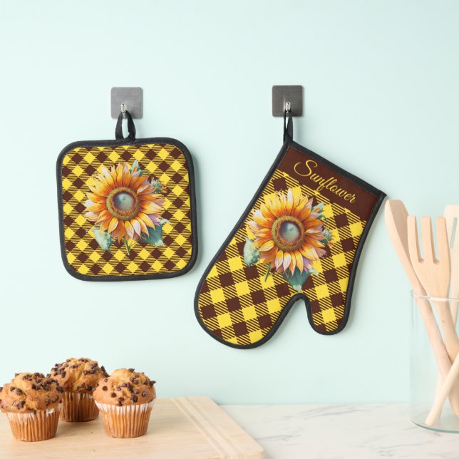 "Sunflower" Gingham Ofenhandschuh & Topflappen-Set (Insitu (Hängend))