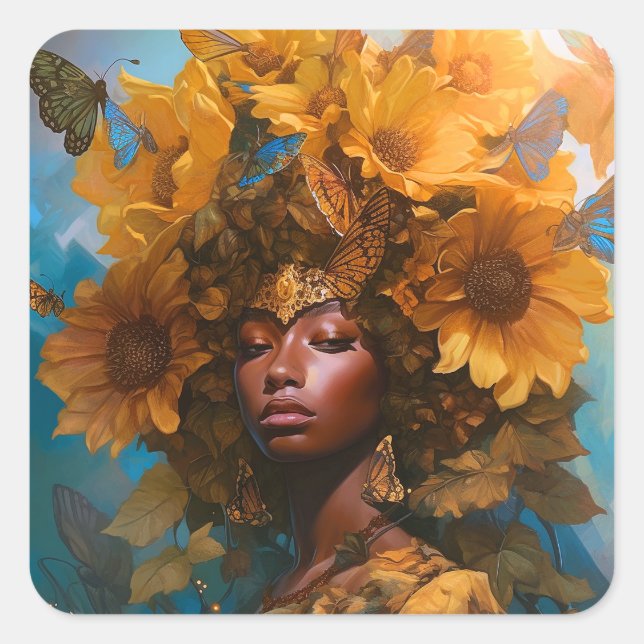 Sunflower Goddess Fantasy Art Quadratischer Aufkleber (Vorderseite)