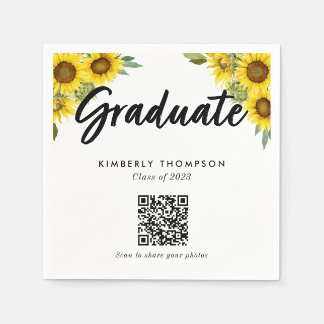 Sunflower Graduation QR Code Party Photo Share Serviette (Vorderseite)