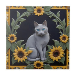 Sunflower Grey Cats - Gray Cat & Yellow Sunflowers Fliese