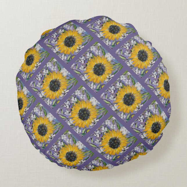 Sunflower Medley Lavendel Pattern Rundes Kissen (Rückseite)