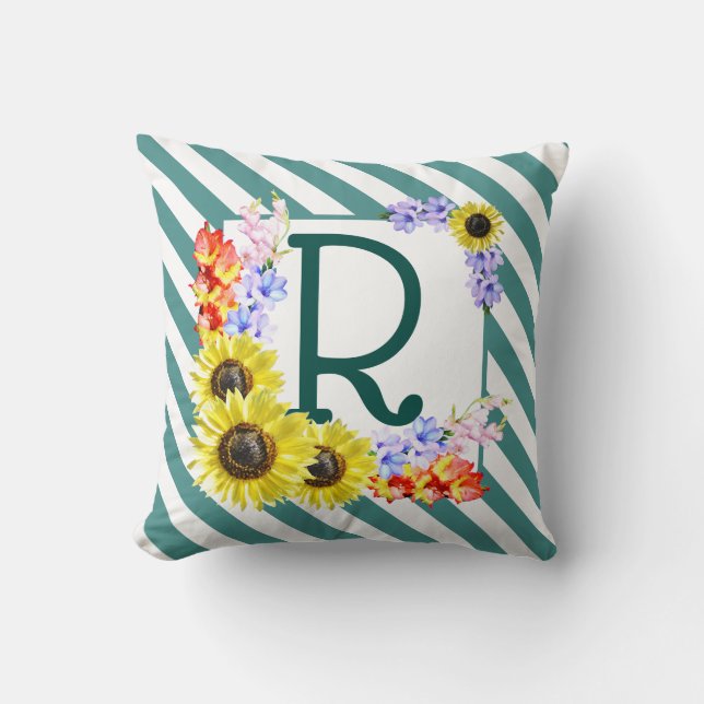 Sunflower Monogram Teal Stripes Kissen (Vorderseite)