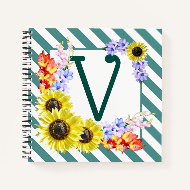 Sunflower Monogram Teal Stripes Notizbuch (Vorderseite)