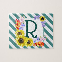 Sunflower Monogram Teal Stripes Puzzle