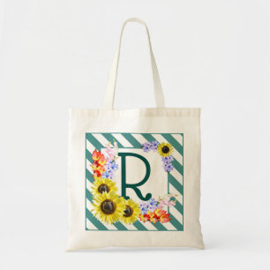 Sunflower Monogram Teal Stripes Tragetasche