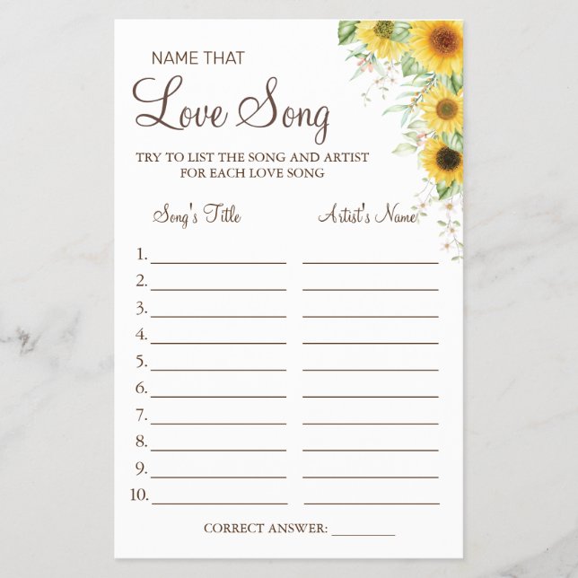 Sunflower Name that love song shower game card Flyer (Vorne)