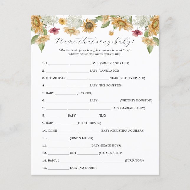 Sunflower Name that Song Baby Shower game  (Vorderseite)