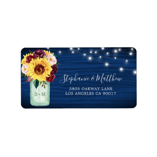 Sunflower Navy Blue Mason Jar Lights Adresse Adressaufkleber (Vorne)