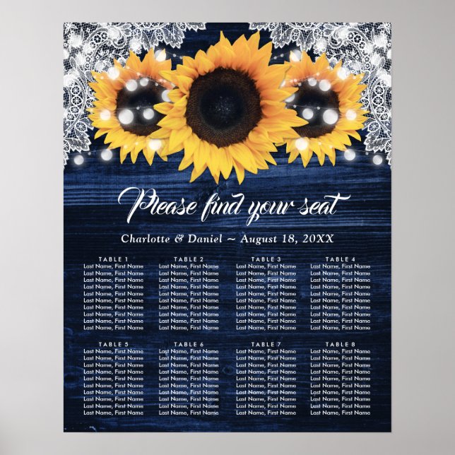 Sunflower Navy Blue Wood Wedding Seating Chart 8 Poster (Vorne)