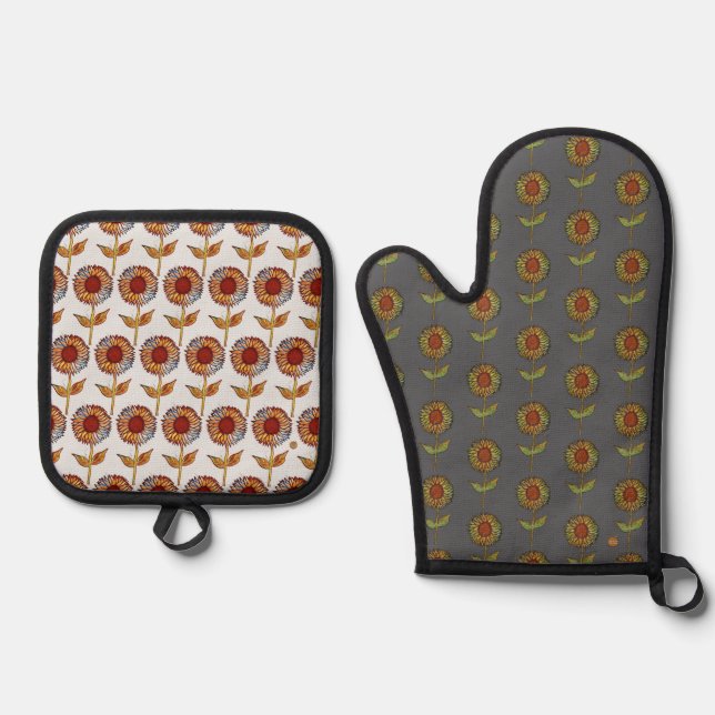  Sunflower Oven Mitt and Pot Holders Ofenhandschuh & Topflappen-Set (Vorderseite)