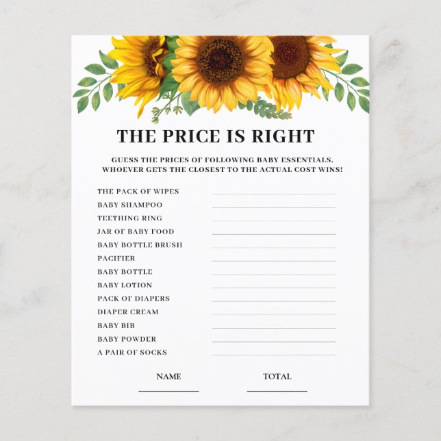 Sunflower Price is Right Baby Shower Game Card  (Vorderseite)
