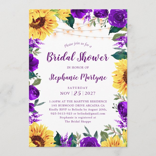 Sunflower Purple Floral Border Light Bridal Shower Einladung (Vorderseite)