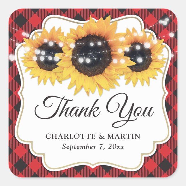 Sunflower Red Buffalo Kariert Hochzeit Vielen Dank Quadratischer Aufkleber (Vorderseite)