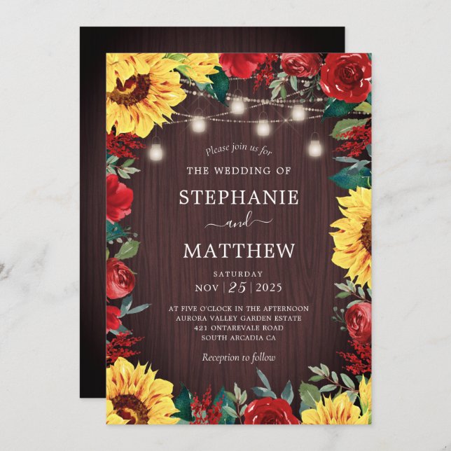 Sunflower Red Floral Mason Jar Wedding Einladung (Vorne/Hinten)