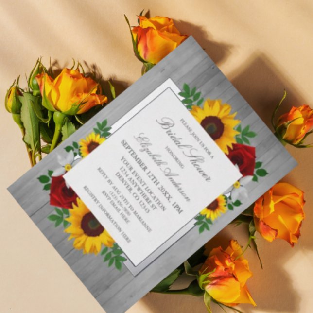 Sunflower Rose Autumn Floral Wood Bridal Folieneinladung (Von Creator hochgeladen)