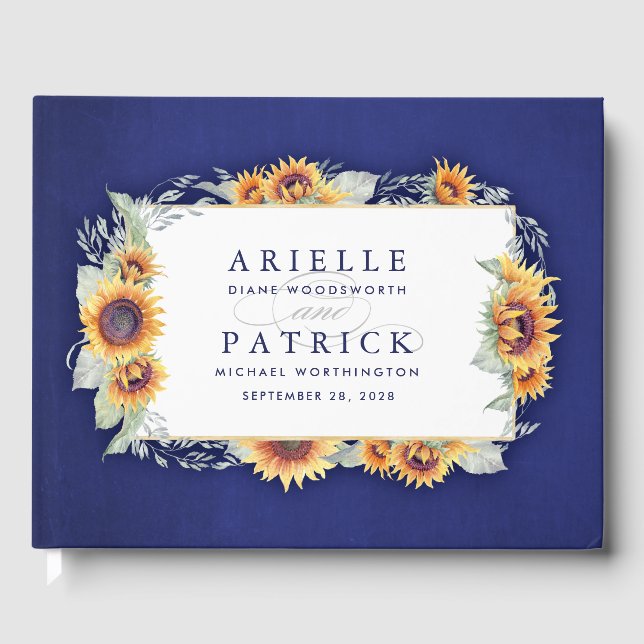 Sunflower Royal Blue Rustic Wedding Guest Book Gästebuch (Vorderseite)