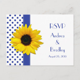 Sunflower Royal Blue White Polka Dot Wedding RSVP Einladungspostkarte