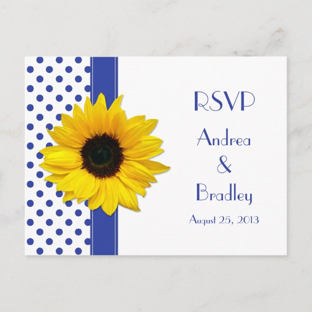 Sunflower Royal Blue White Polka Dot Wedding RSVP Einladungspostkarte (Vorderseite)