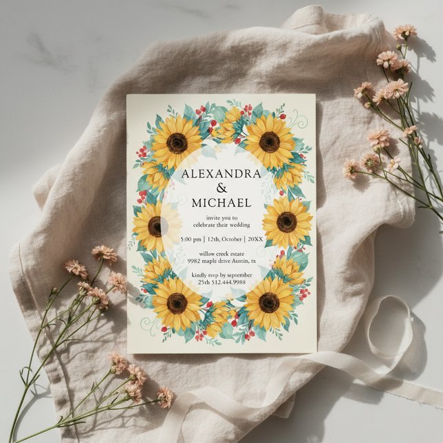 Sunflower Rustic Wedding Invitation Floral Einladung (Sunflower rustic wedding design with warm floral elegance)