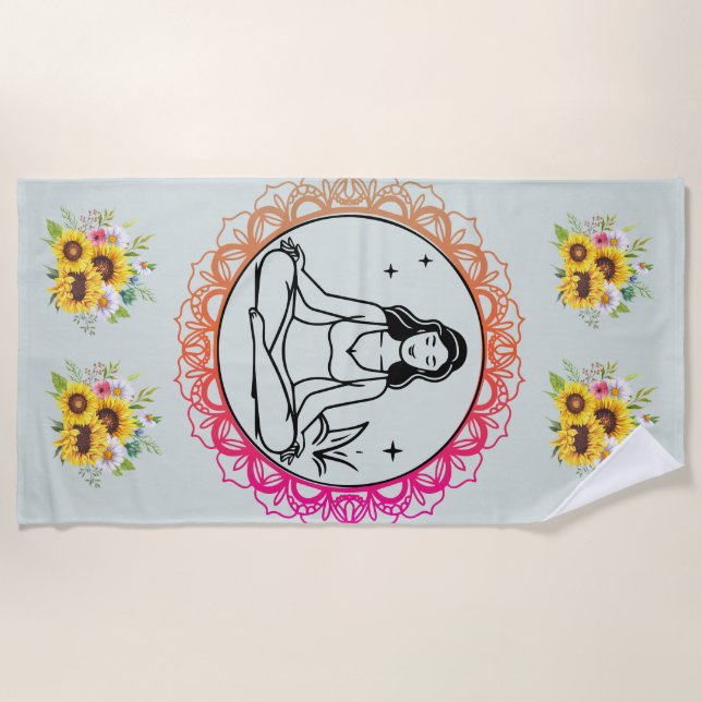 Sunflower Serenity: Meditation Mandala Beach Towel Strandtuch (Vorderseite)